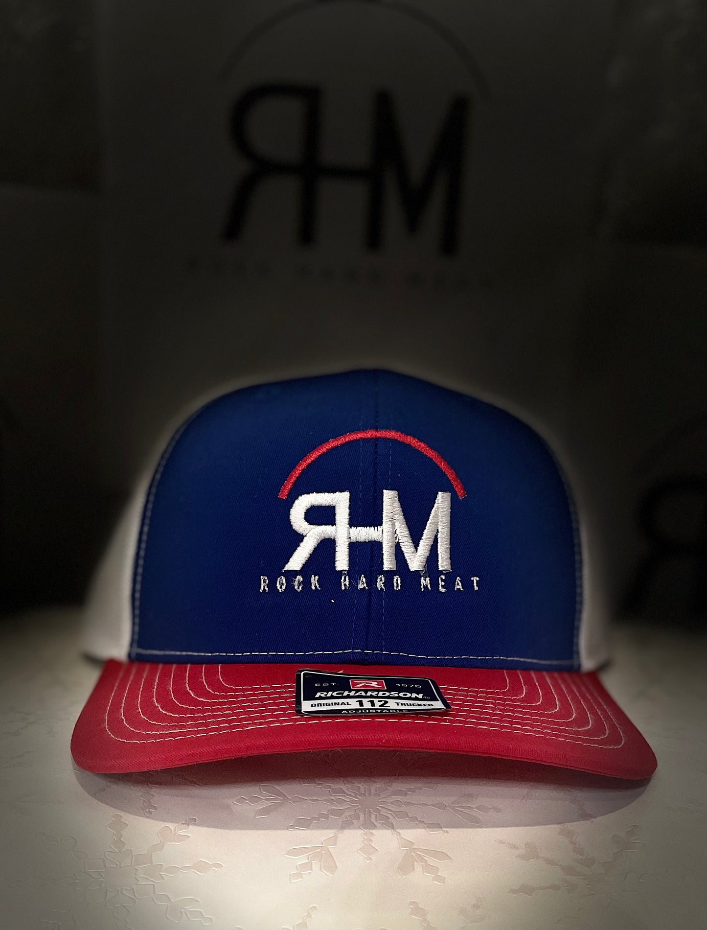 Rock Hard Meat Co Hats With Brand Center or Side, Snap Back Mesh with Lettering on Back, Richardson 112