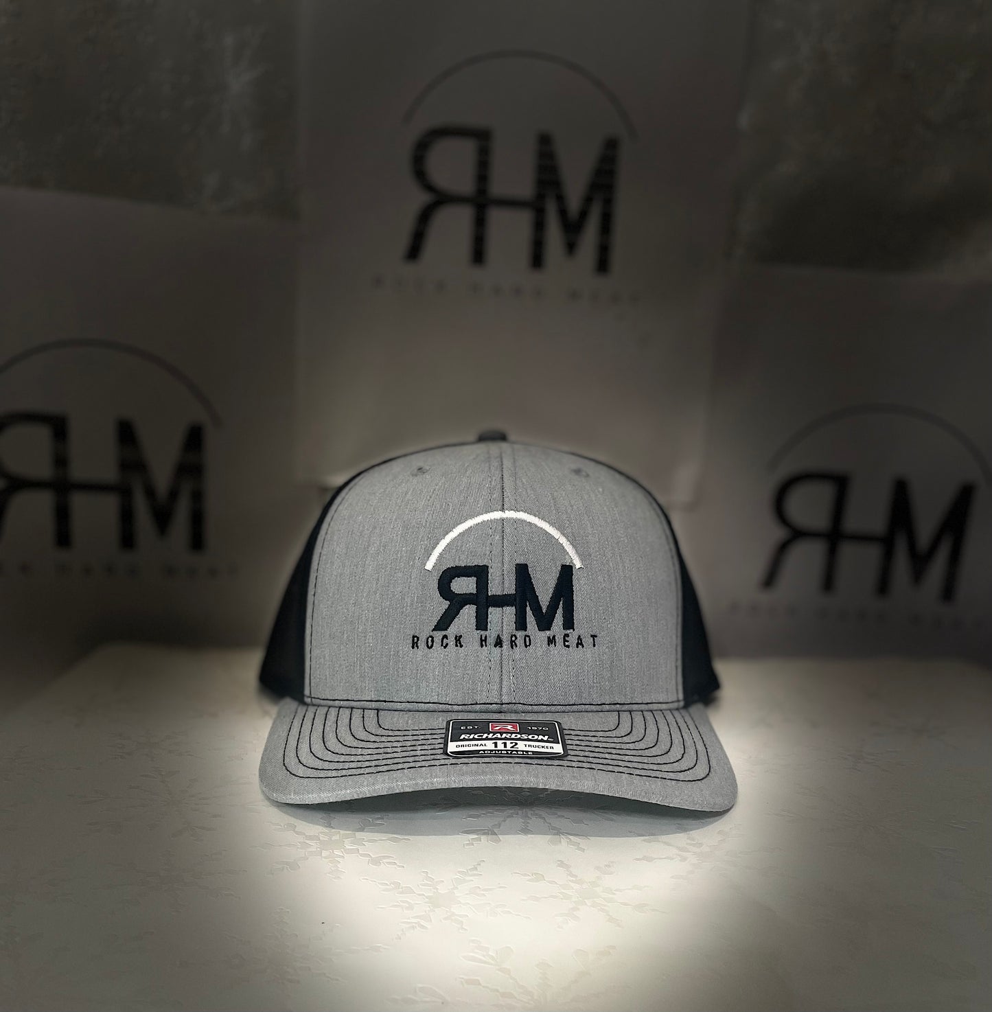 Rock Hard Meat Co Hats With Brand Center or Side, Snap Back Mesh with Lettering on Back, Richardson 112