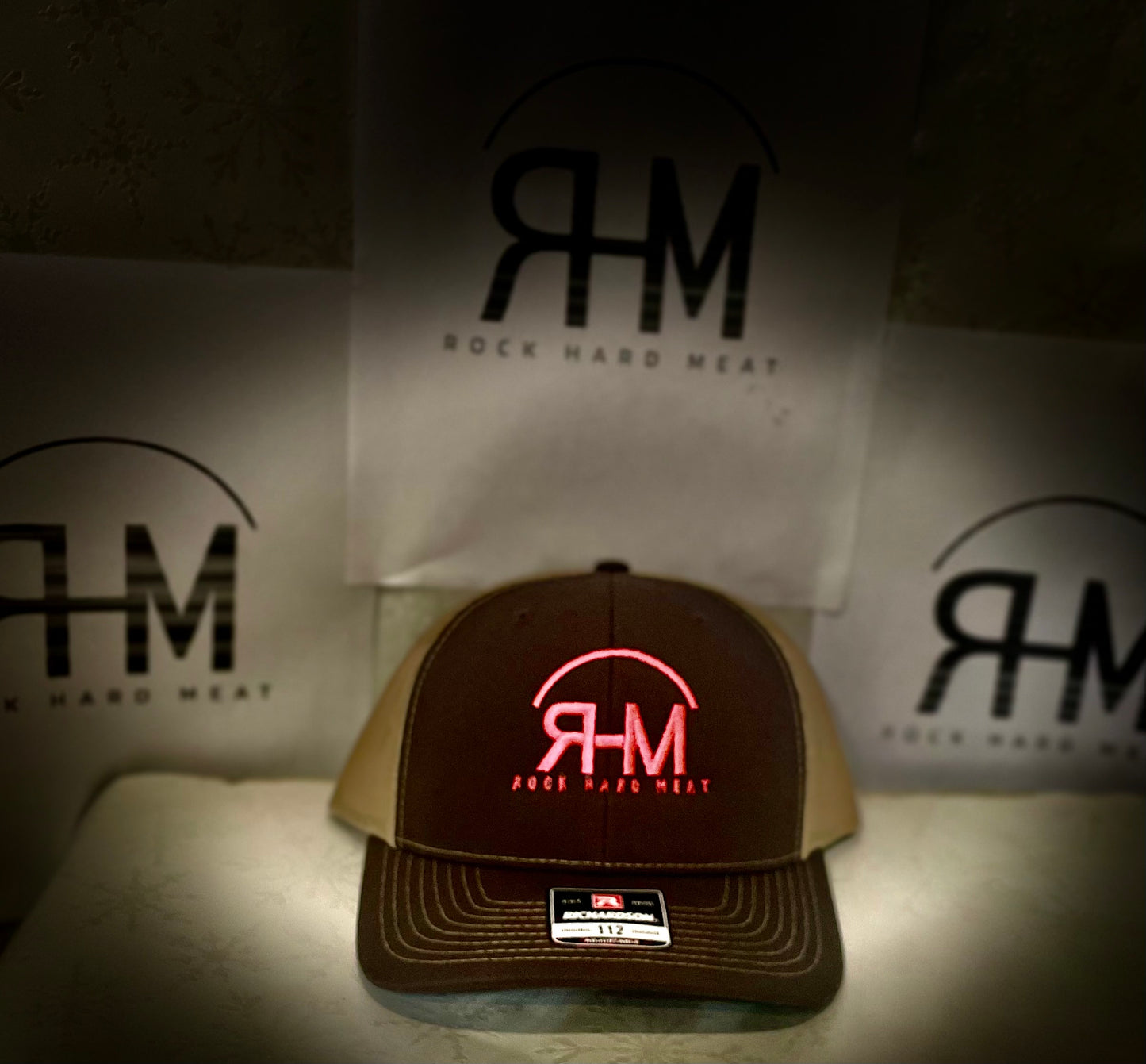 Rock Hard Meat Co Hats With Brand Center or Side, Snap Back Mesh with Lettering on Back, Richardson 112
