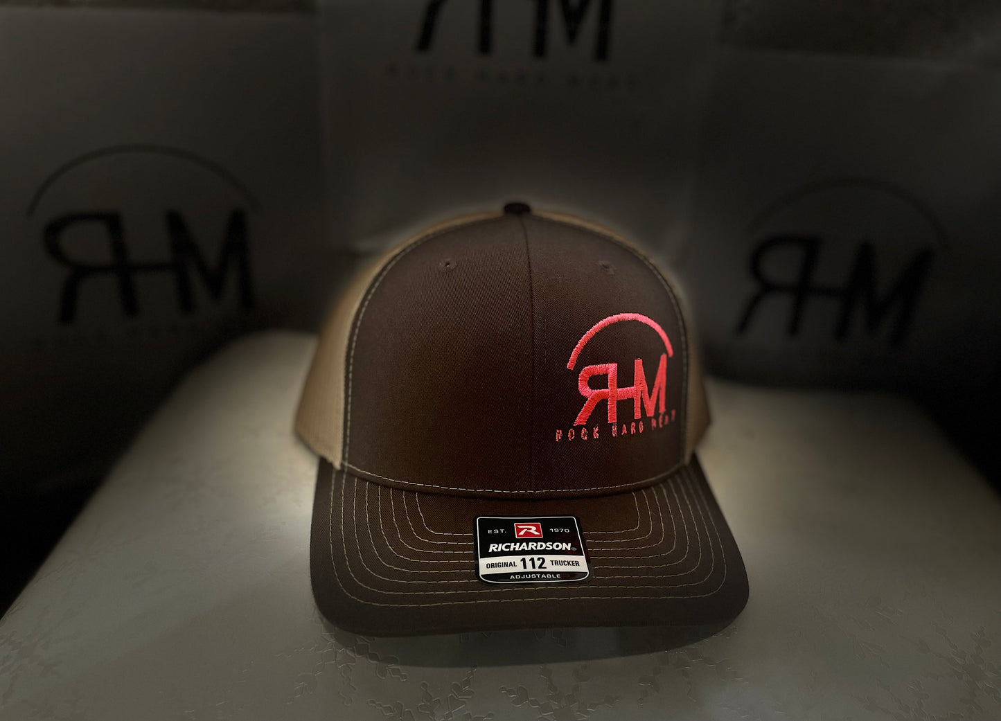 Rock Hard Meat Co Hats With Brand Center or Side, Snap Back Mesh with Lettering on Back, Richardson 112