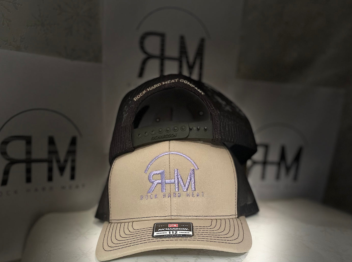 Rock Hard Meat Co Hats With Brand Center or Side, Snap Back Mesh with Lettering on Back, Richardson 112