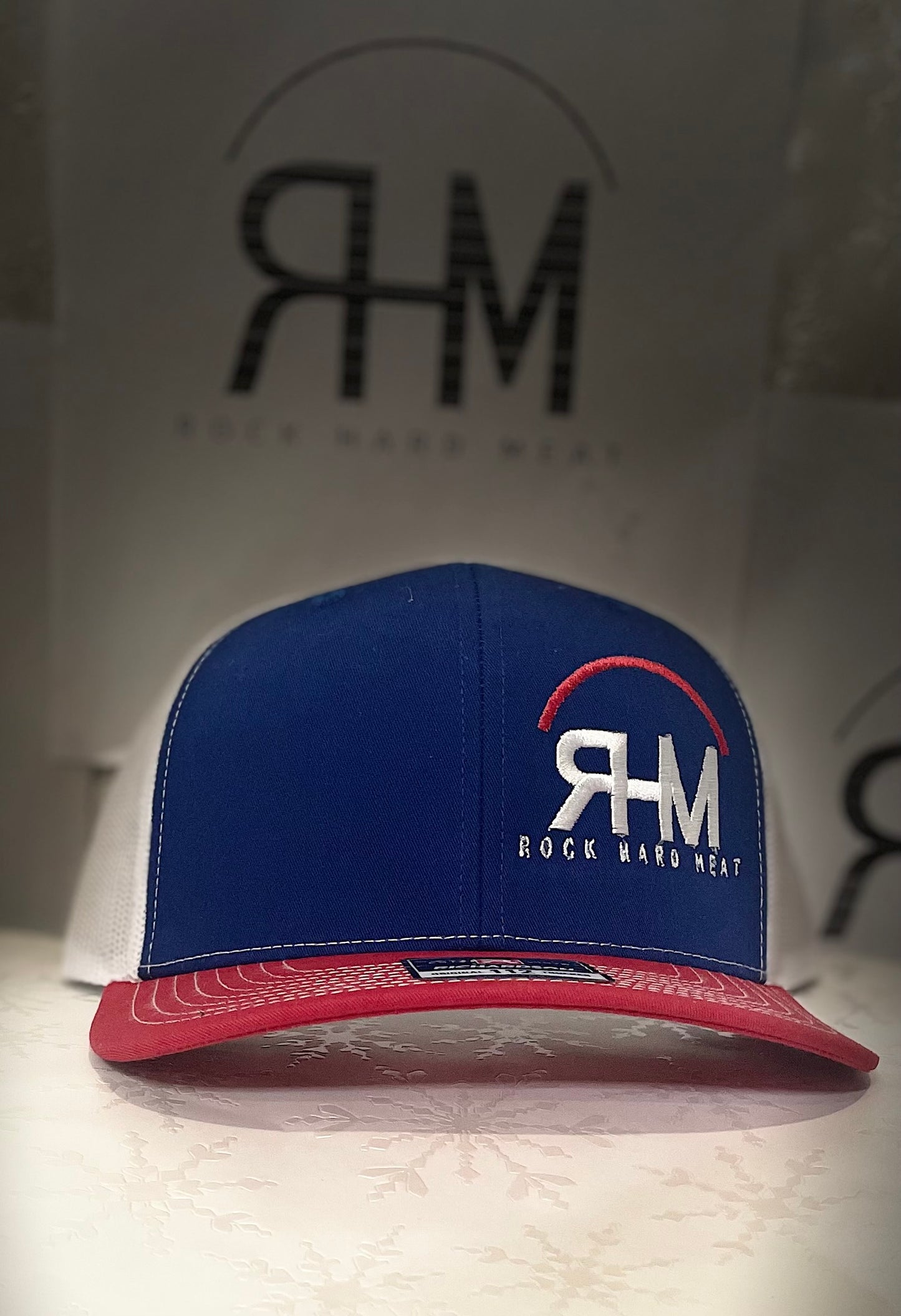 Rock Hard Meat Co Hats With Brand Center or Side, Snap Back Mesh with Lettering on Back, Richardson 112